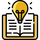 Support icon with a book and lightbulb in yellow
